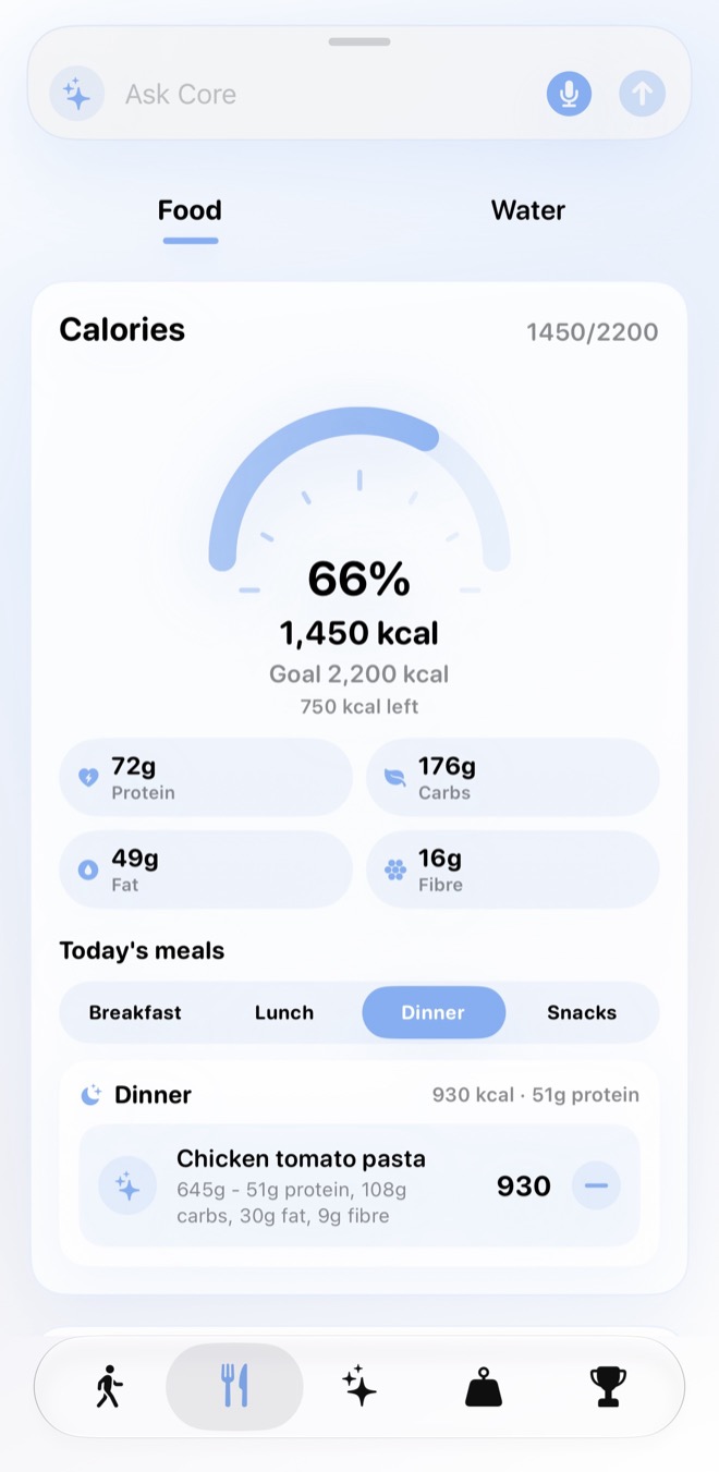 Calories, macros and fibre from a meal you spoke or typed.