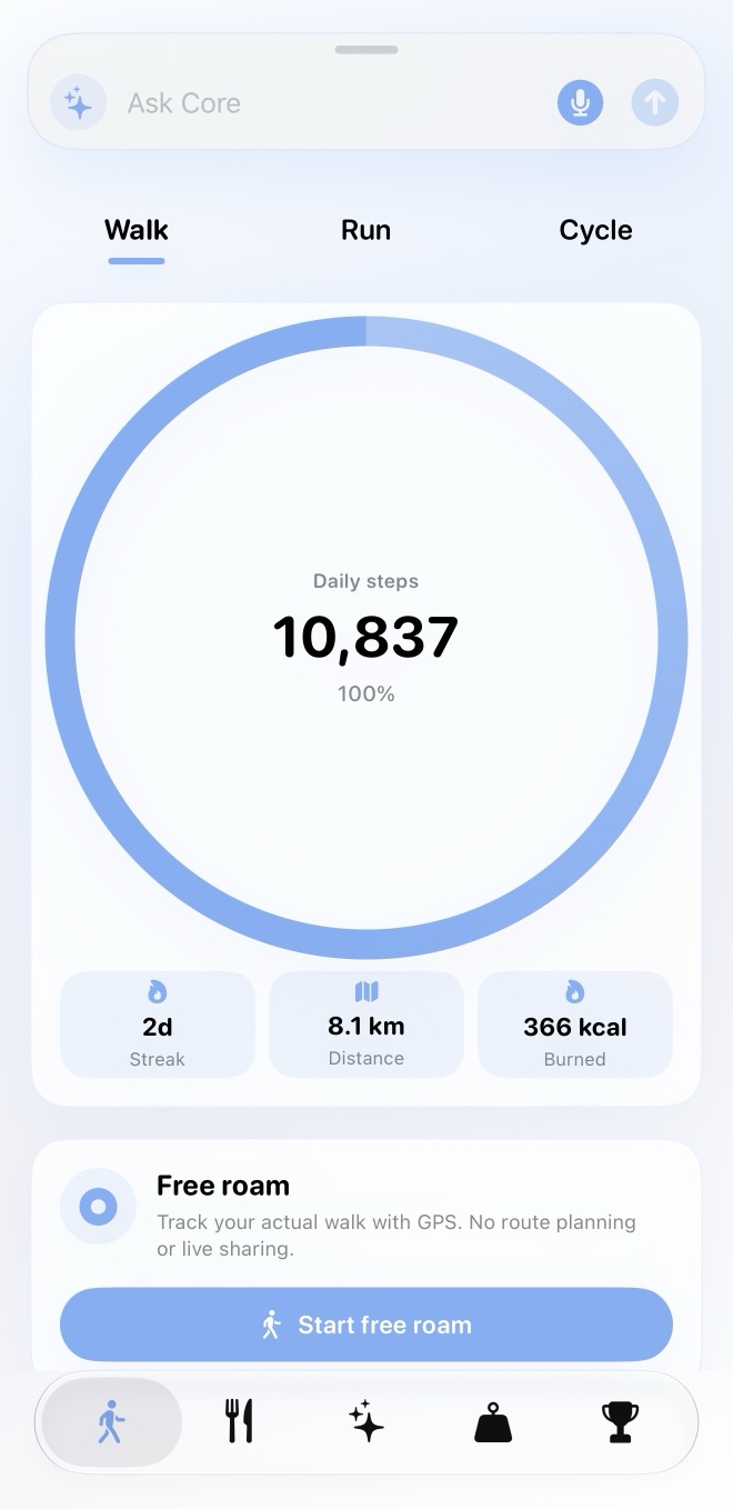 Your day at a glance, with the streak you are building.